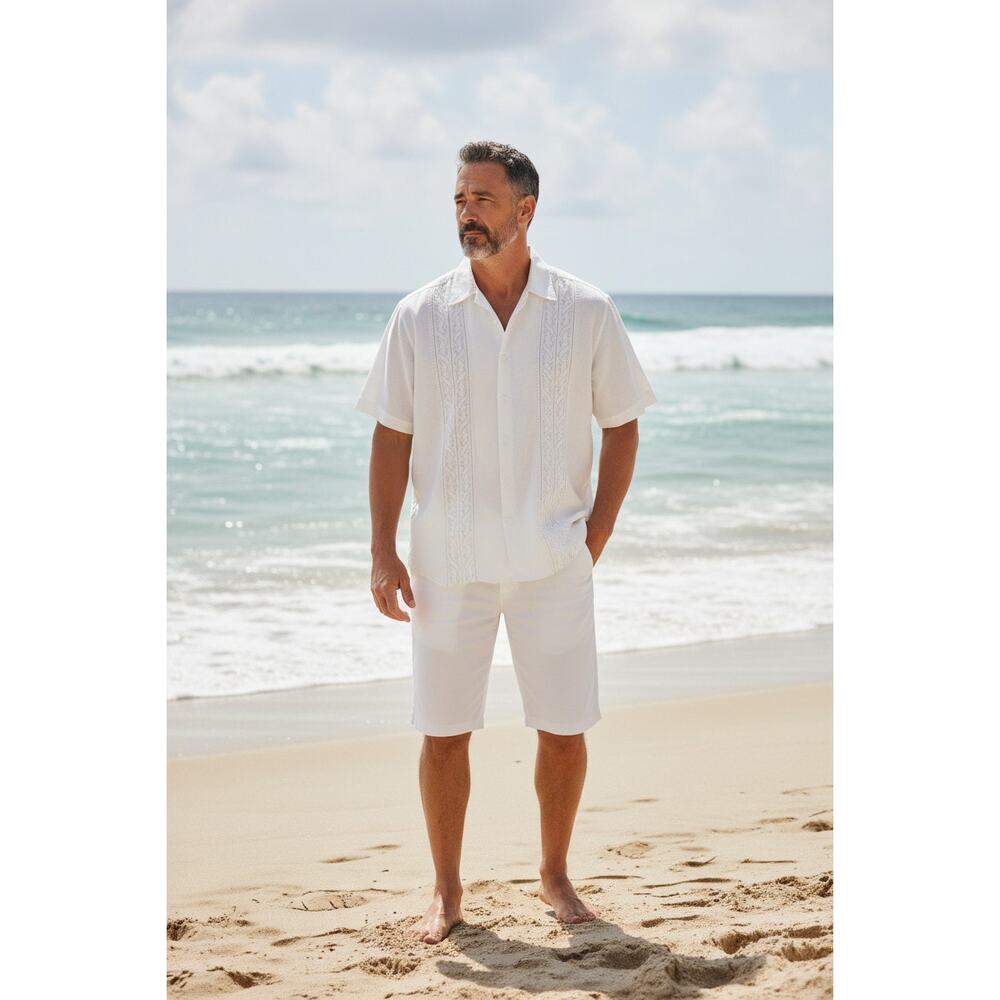 CUBAVERA Guayabera Shirt White w/ Subtle Detailing Ramie Rayon Blend - Large